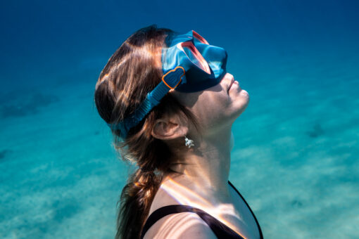 honu iki earrings on underwater model side